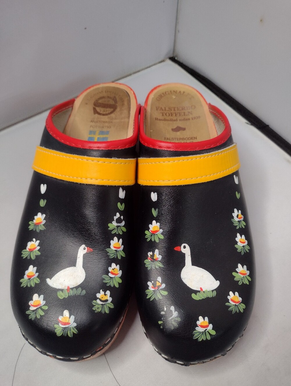 Falsterbo Women's Leather Hand Painted Clogs 39 Sweden Goose Flowers Wooden A8